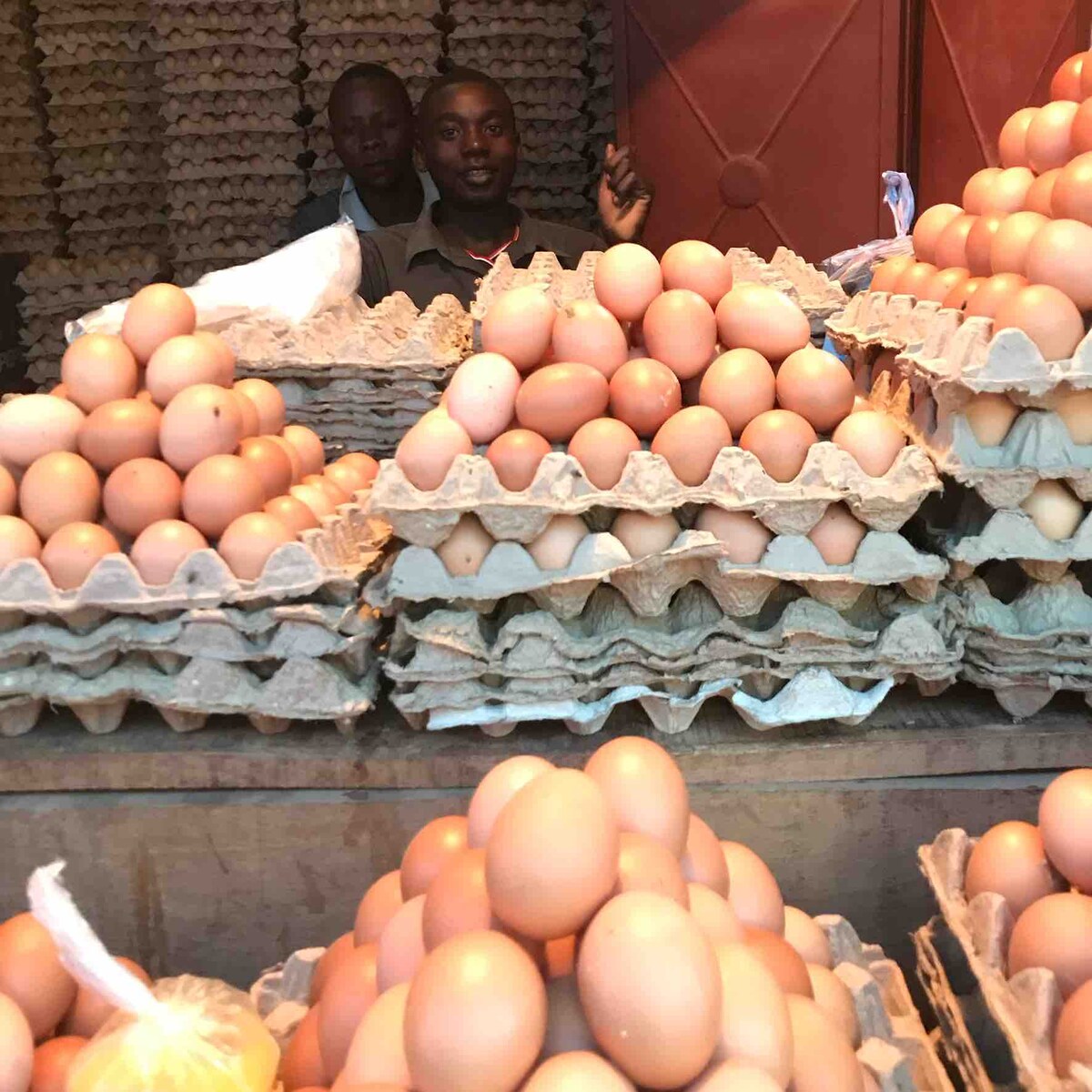 A display of eggs is arranged in neat rows within cardboard cartons. The abundance of eggs showcases various shades of brown and white. The scene is set against a rustic wooden backdrop, emphasizing a marketplace atmosphere.