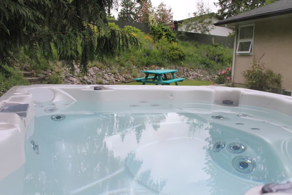 6 person hot tub in private backyard setting