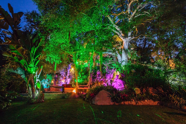 Pirates of the Caribbean Getaway, structure surrounded by lush green plants and trees, with green and magenta uplights.