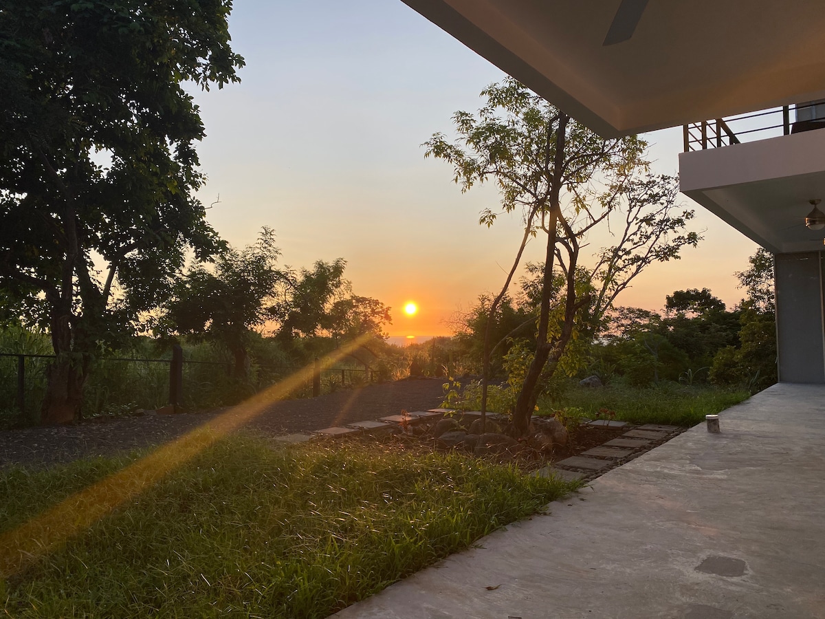 A serene view captures the setting sun, casting warm light over the lush greenery. Nearby trees frame the scene, while the smooth concrete patio extends towards the garden area. The peaceful ambiance is enhanced by the gradual transition from day to night.