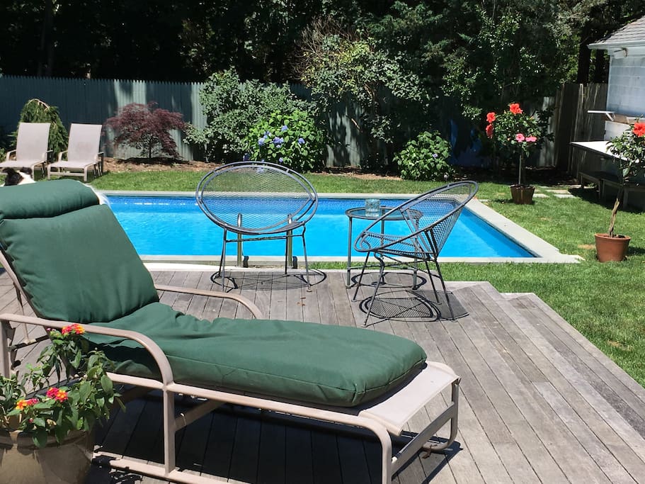 Deck leads to garden and pool and Webber BBQ