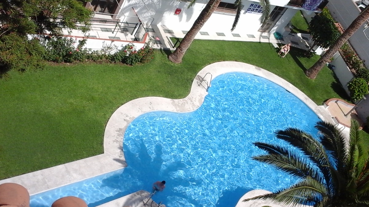 A large shared swimming pool is surrounded by lush green grass and palm trees. The pool's curvy shape is visible from above, with blue water reflecting sunlight. Lounge chairs are positioned nearby for relaxation, creating a serene outdoor area.