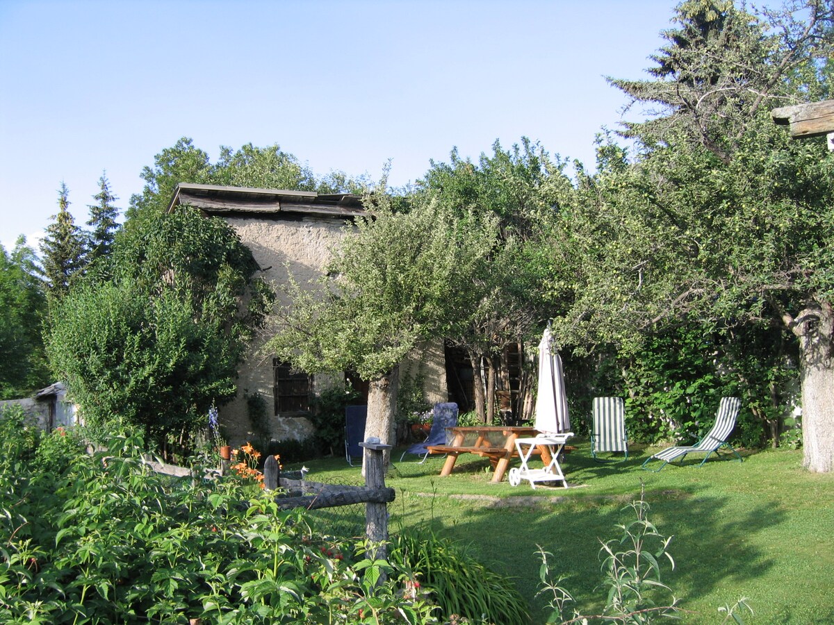 The exterior of a charming village house is surrounded by lush greenery and trees. A shaded seating area features a picnic table and lounge chairs. A gentle lawn leads to the entrance, inviting relaxation and outdoor enjoyment.