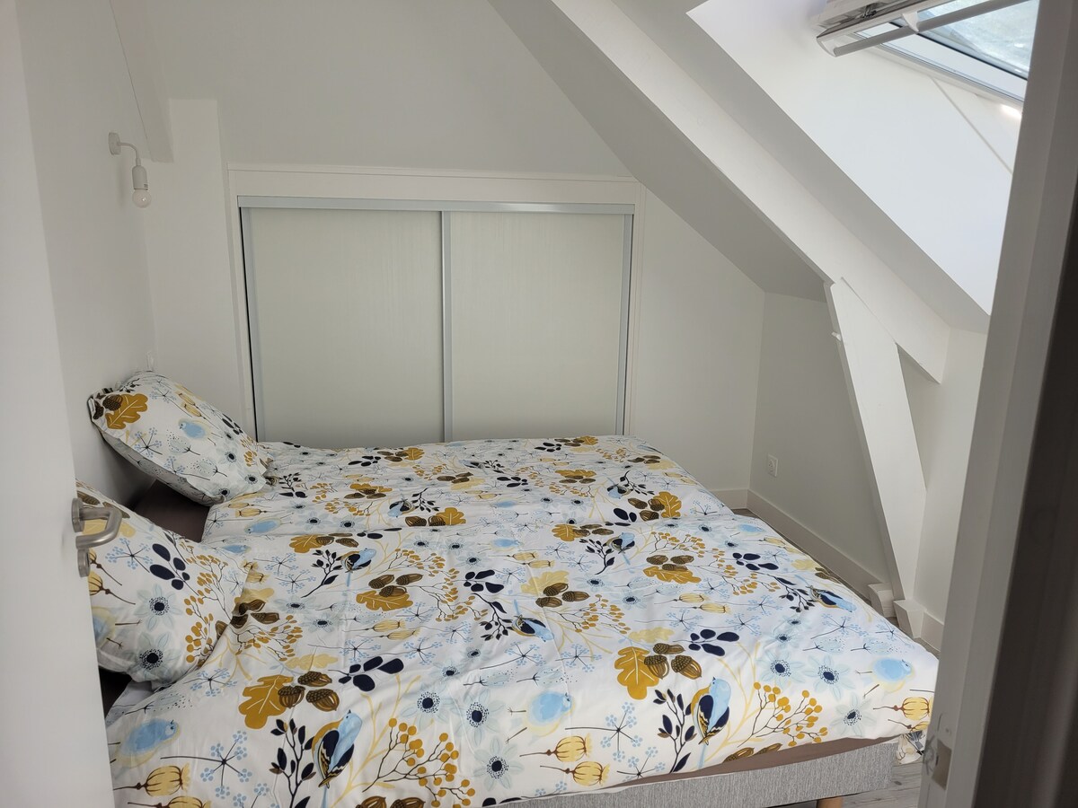 Chumba cha Attic juu na vitanda 2 vya 90×200 ambavyo  vinaweza kuwekwa katika kitanda 1 cha 180 x200.