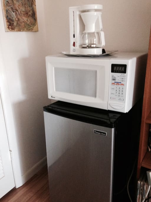Mini fridge, microwave and coffee maker
