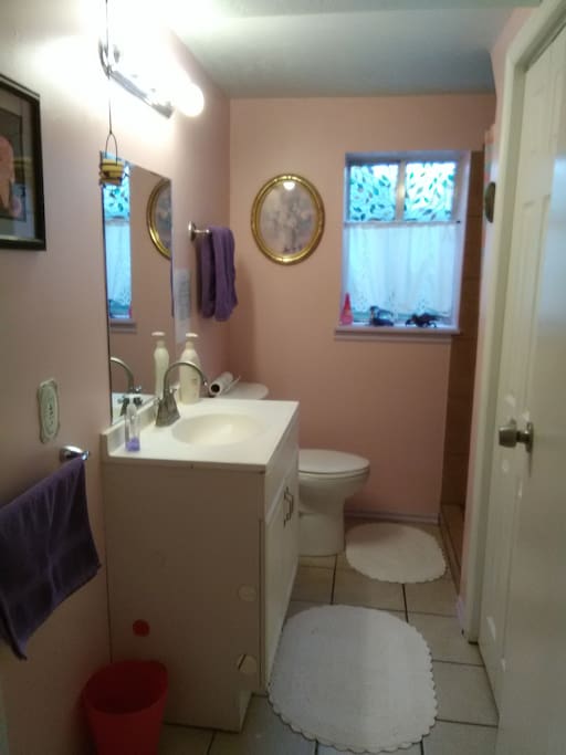 Private bathroom with shower, toilet, sink. There are clean bath towels, washcloths, hand towels, soap, toothpaste, toothbrushes and a blow dryer under the sink.