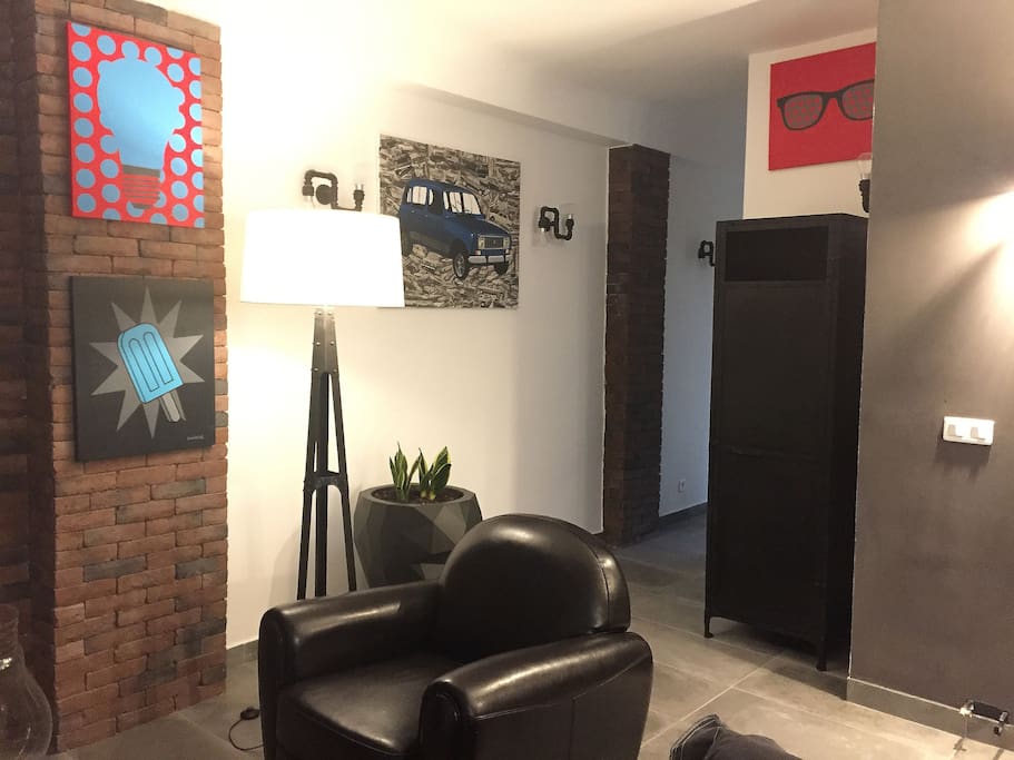 View from sofa towards entrance on the right.