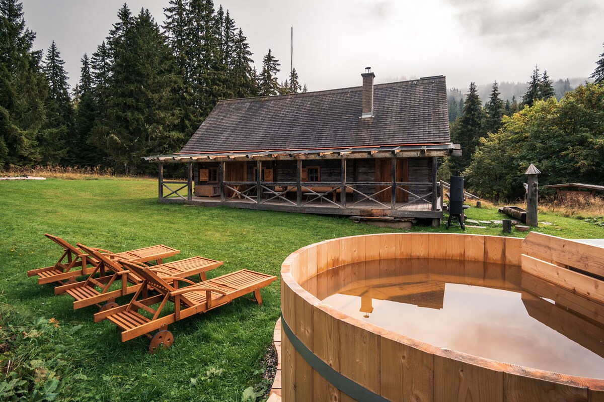 The image showcases a rustic wooden cabin surrounded by tall trees and an expansive green lawn. A wooden hot tub is prominently featured in the foreground, with several lounge chairs arranged nearby. The cabin's exterior reflects classic architecture, emphasizing the serene natural setting.