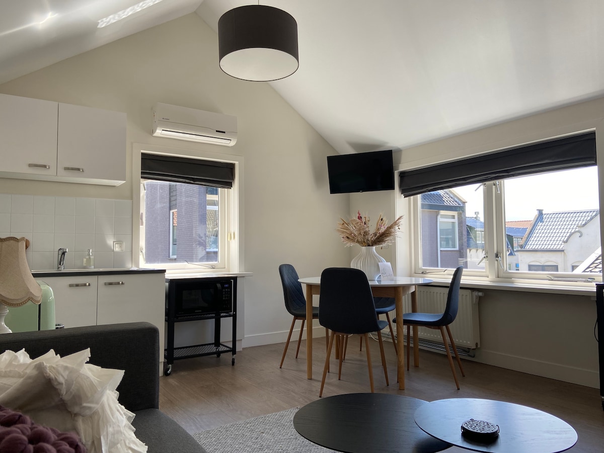 A bright living area features two windows allowing natural light to fill the space. A round dining table with four chairs is positioned near the windows, while a kitchenette is visible in the background. Air conditioning and a mounted TV are also present.