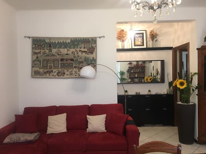 La sala de estar con el sofá abierto.
