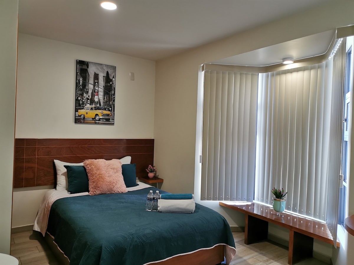 A well-lit bedroom features a spacious bed with a teal comforter and decorative pillows. A vibrant wall art piece adds interest above the headboard. Natural light enters through large windows adorned with vertical blinds, while a wooden shelf offers a decorative plant and water bottles.