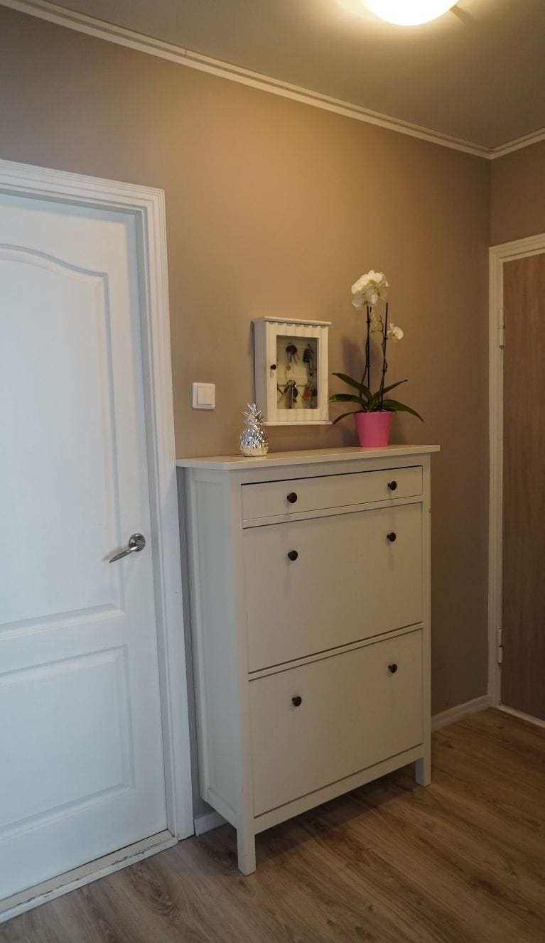 A light-colored storage cabinet with multiple compartments stands against a soft beige wall. Above the cabinet, a framed floral arrangement decorates the space. A small pink pot holds an orchid, adding a touch of greenery to the entryway.