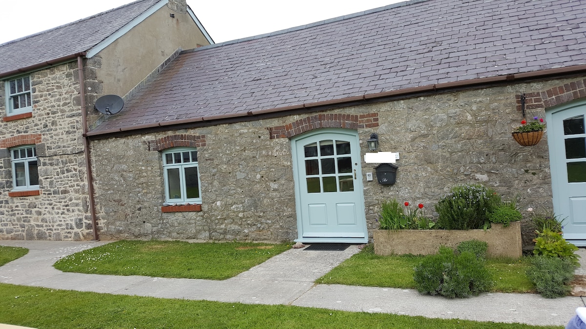 A charming cottage features a stone exterior combined with a modern-style entrance door. Soft green accents are displayed on the door and windows. A well-maintained lawn surrounds the property, complemented by flower beds and a small planter near the entrance.