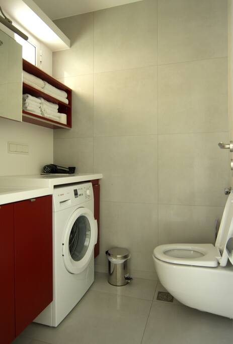 Room 1 with access to balcony and bathroom with washing machine and shower