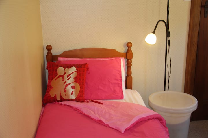 A single bed, wooden headboard, furnished with 2 pink pillows, a small red pillow, white bed linen, electric blanket, white side table, 2 pink duvets. A floor lamp stands beside the bed. One can read before sleep.  