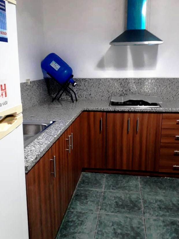 A modern kitchen space is shown, featuring dark wooden cabinets and a granite countertop. A sink is positioned on the left, while a gas stove and overhead exhaust fan are visible. A blue water tank rests on a stand, adding functionality to the area.