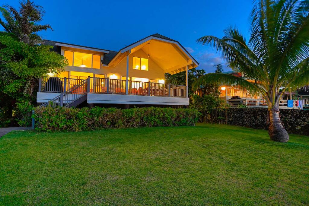 Our beachfront home at dusk