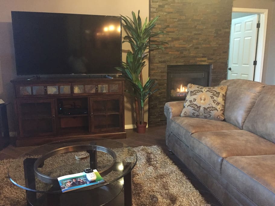 Living Room with gas fireplace burning