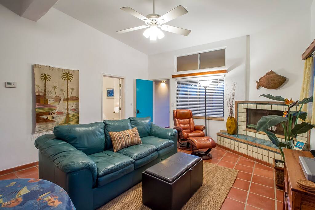 Living area with vaulted ceilings