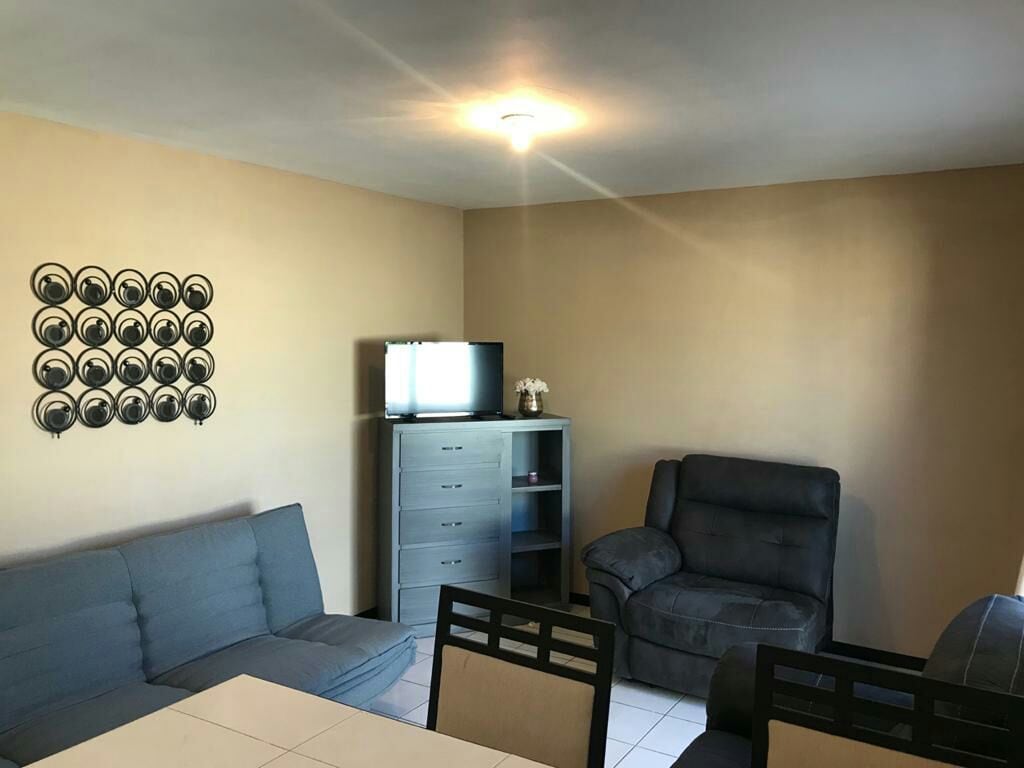 A spacious living area is highlighted by a comfortable gray sofa and an armchair, accompanied by a dining table with black and silver chairs. A television is positioned on a gray cabinet against a light-colored wall, creating a simple and functional layout.