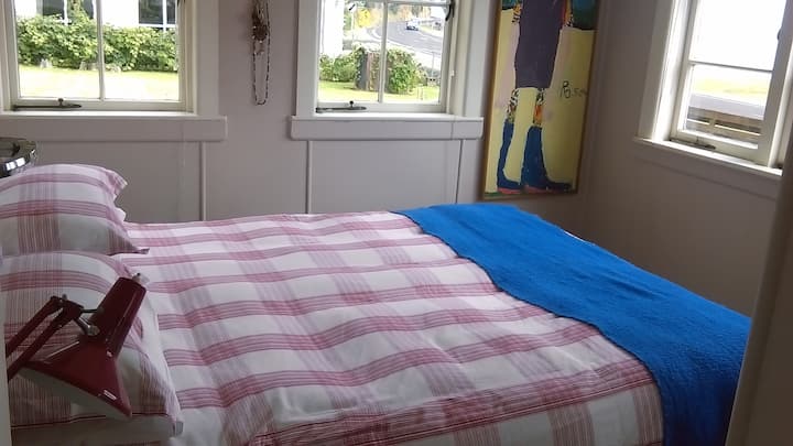 Sunny queen bedroom.  Cotton sheets, down comforter, fresh and clean pillows.