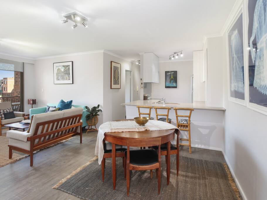 The dining table seats six
