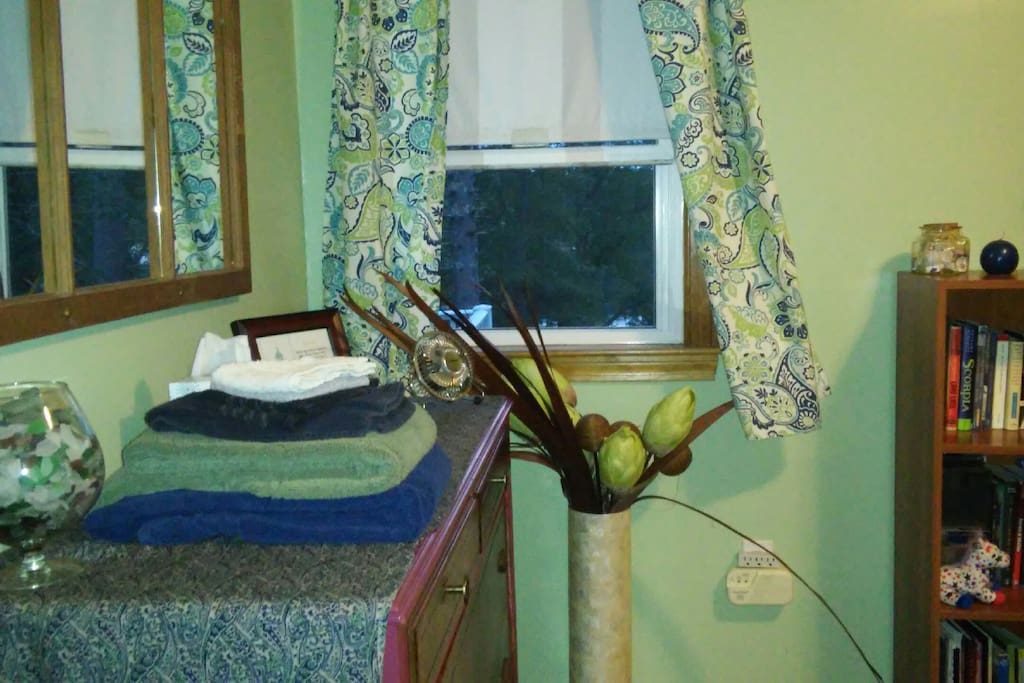 View of the woods and the pond from your bedroom window - and plush towels to enjoy in the lovely new designer bathroom.
