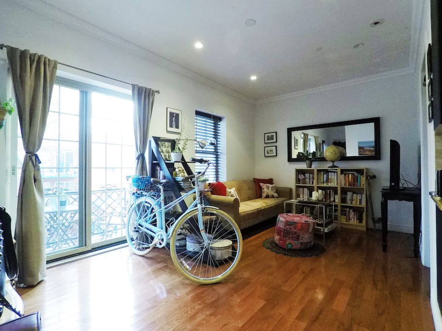 Well-lit and aired living room, with cozy sofa bed, easily convertible. Living room equipped with TV, coffee table, and books!