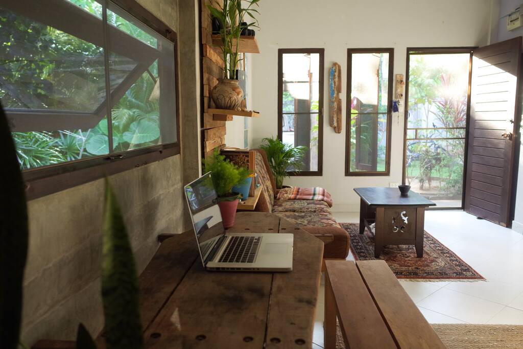 Plenty of spaces to work and relax in. High Speed wifi and open air compliment the experience.