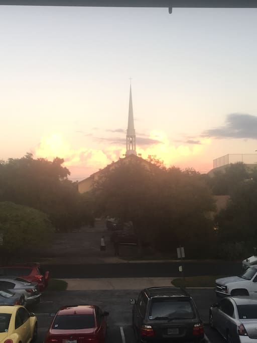 View out the front door of the church.