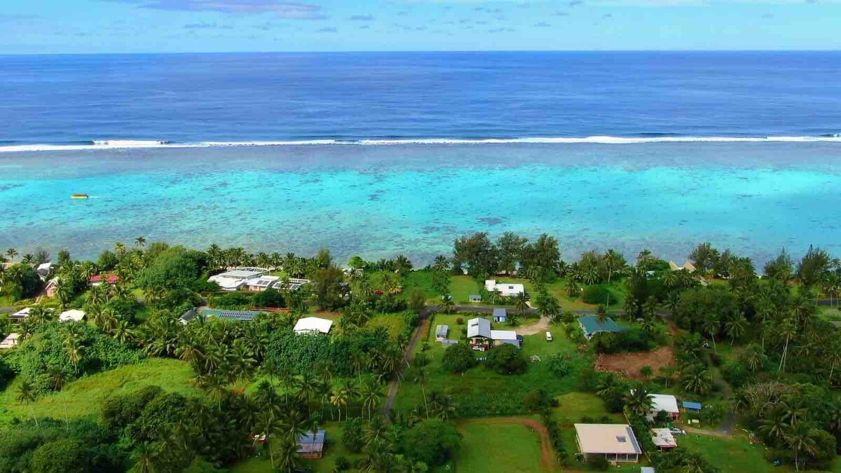 An aerial view captures a vibrant coastal scene where lush greenery meets the tranquil turquoise waters. The sandy shoreline is visible in the distance, with waves gently rolling towards the beach. The image conveys the serene beauty of the region surrounding Raela Villas.