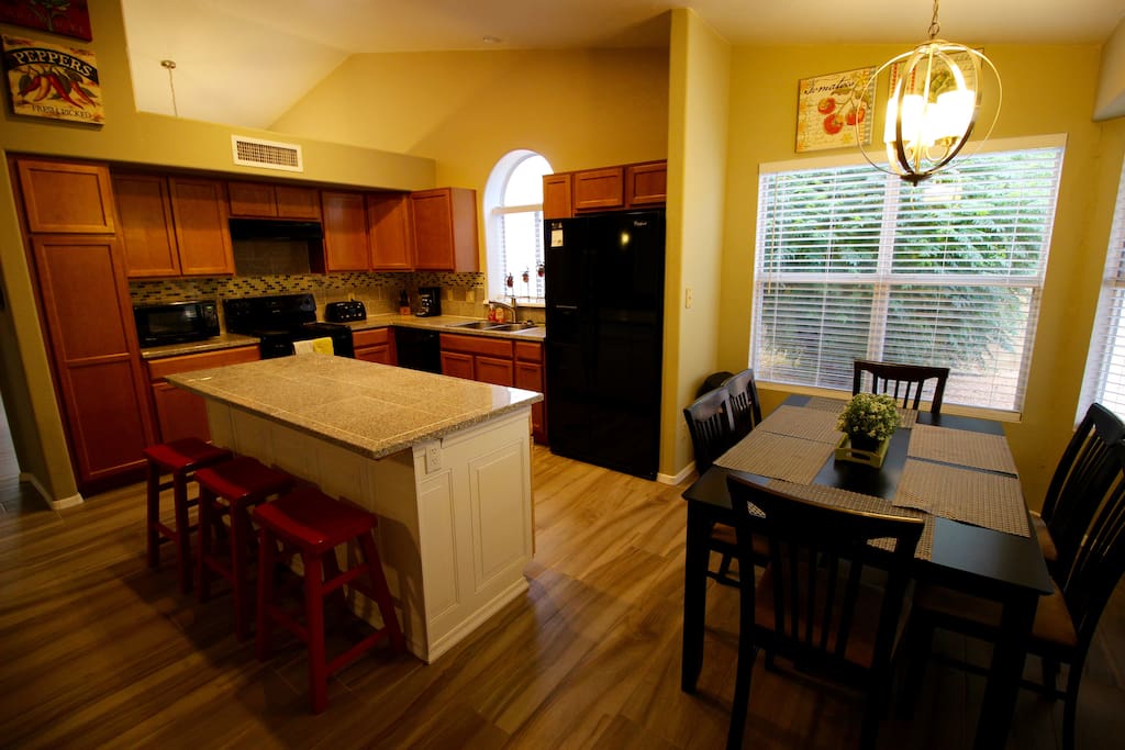 A view of the kitchen and dining area.