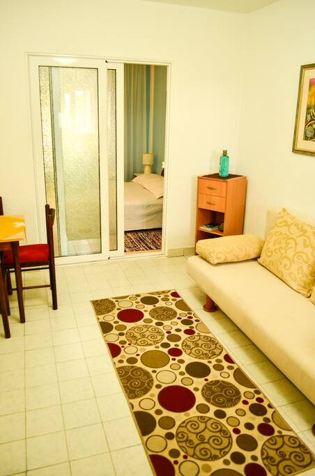Main room with a kitchen and TV set, and a convertible sofa bed.