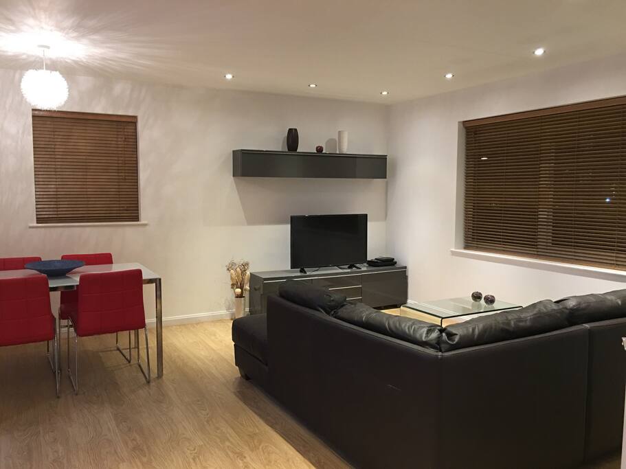 Lounge with large screen tv and sky tv.
