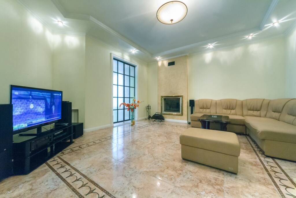 Big living-room wih fire-place & aquarium