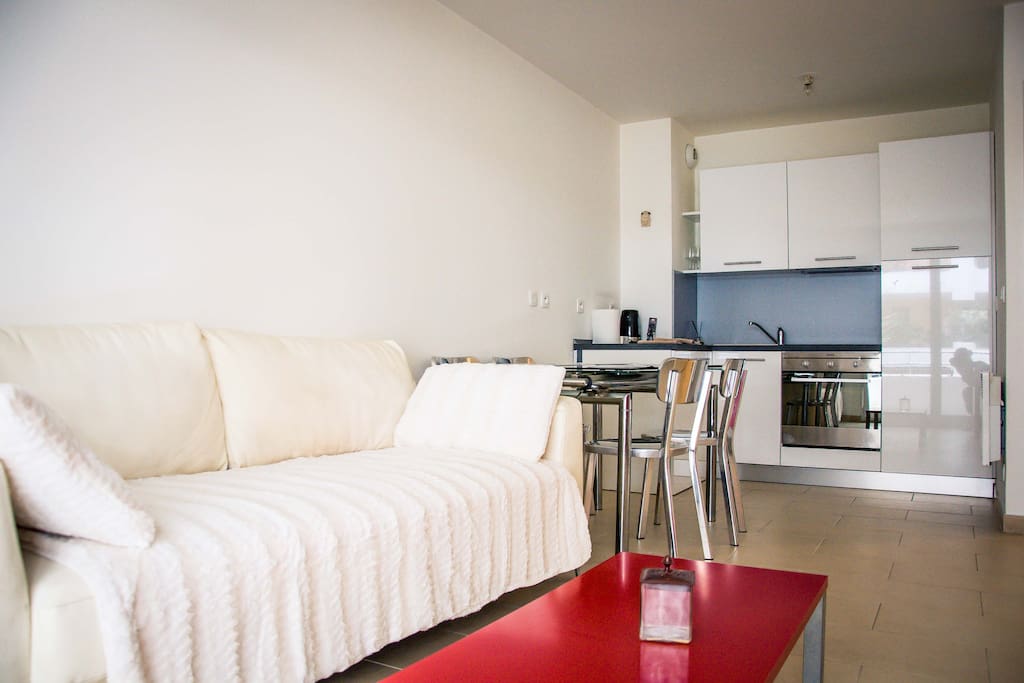 Big living and kitchen with dining area