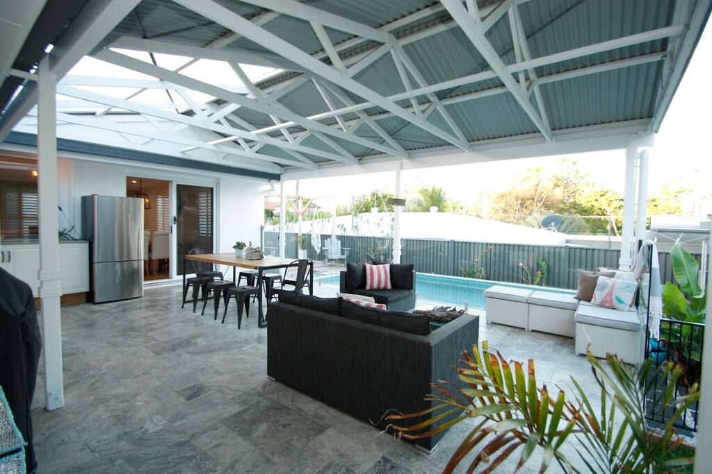 5x7m deck with mini out door kitchen, large family webber BBQ and awesome pool views