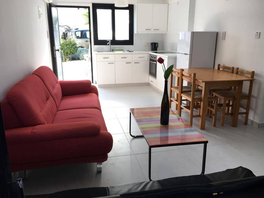 Open plan kitchen with living room
