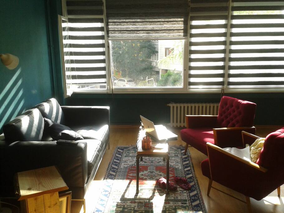 Salon, with leather couch and grandma style seats