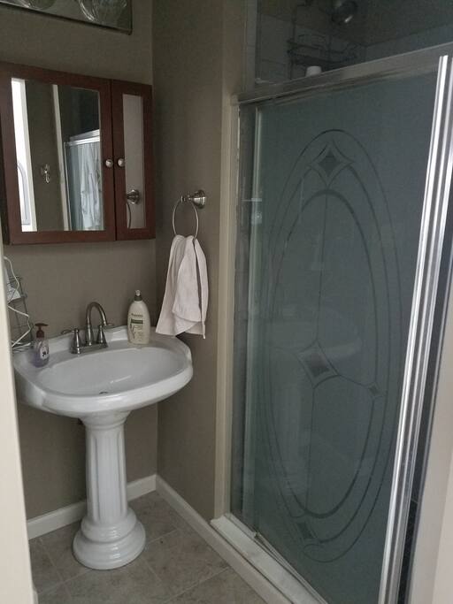 Shower opposite the tub in first floor bath