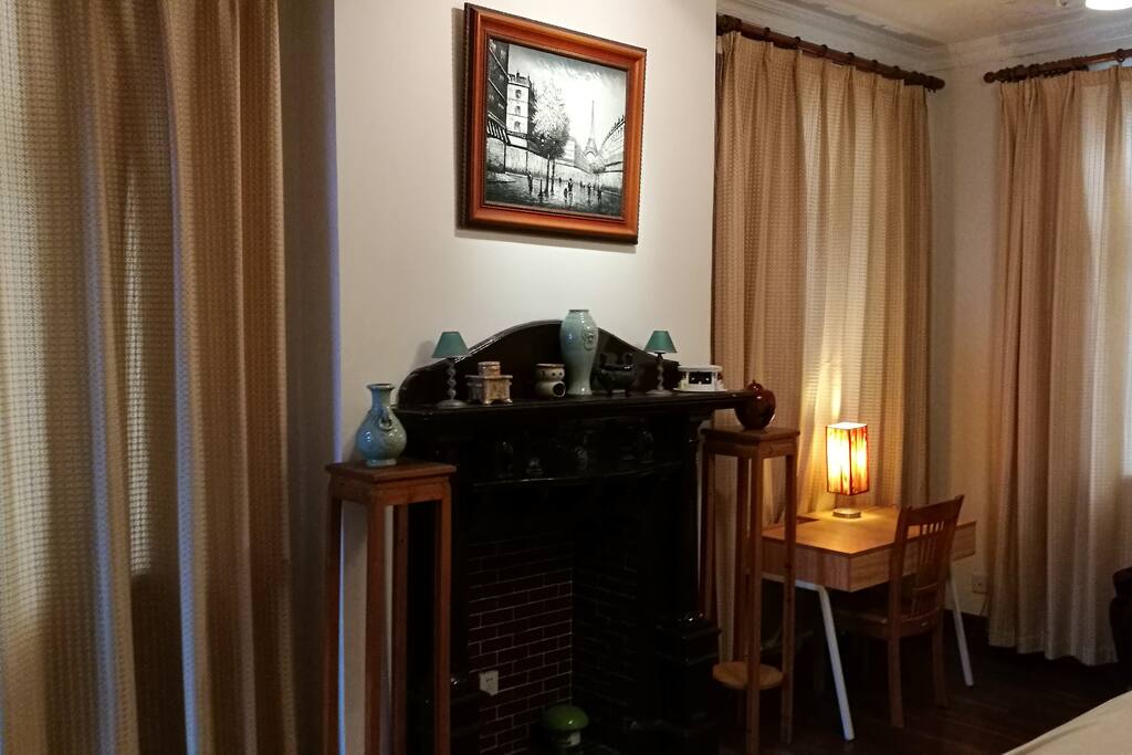 Desk and fireplace (not for use)
