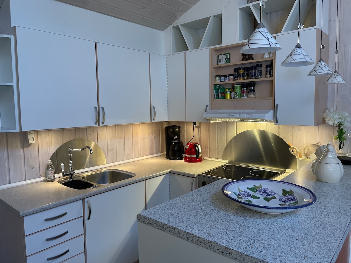 The kitchen features modern cabinetry with ample storage and a spacious countertop. A coffee maker and kettle are present, alongside a stovetop and oven. Under-cabinet lighting creates an inviting workspace, while a decorative plate rests on the counter, adding a touch of detail.