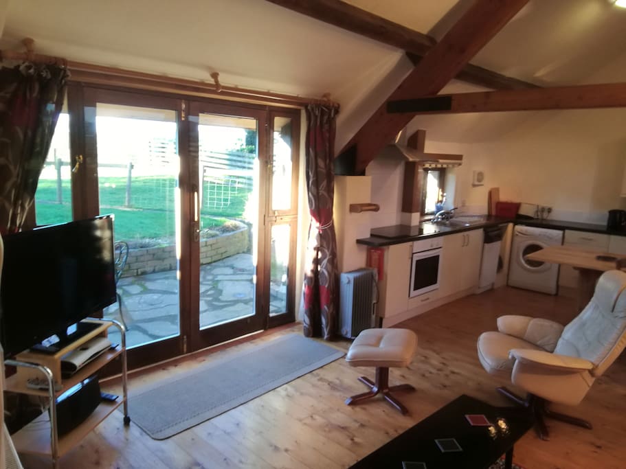 Oak french doors leading to garden