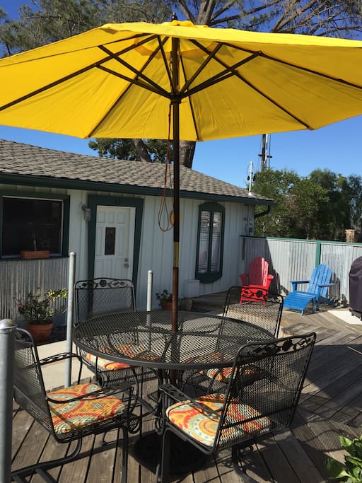 Patio with plenty of seating and sun.