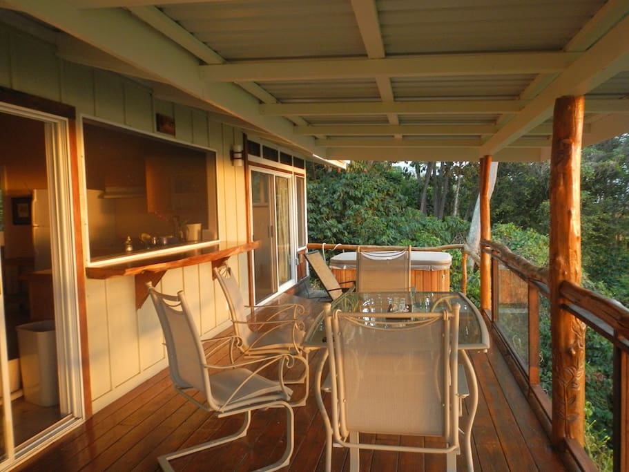 Large covered deck with outdoor dining table and bar.