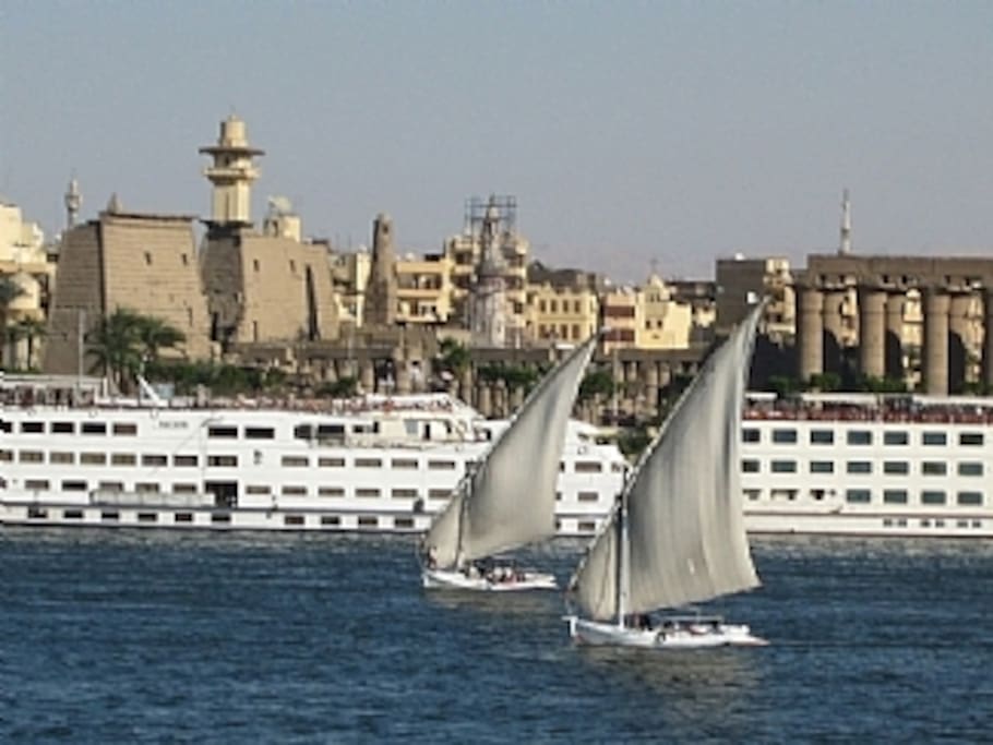 View of Luxor Temple and the Nile from the roof terrace.