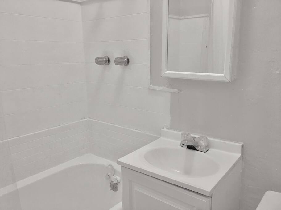 Bathroom Stocked with Shampoo and Hair Dryer.