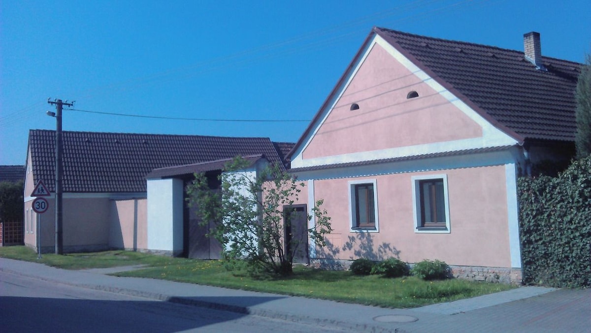A traditional South Bohemian cottage with a pink exterior is depicted, featuring a sloped roof and several windows that allow natural light to enter. Grass lines the pathway in front, and a small shrub is visible near the corner of the building.