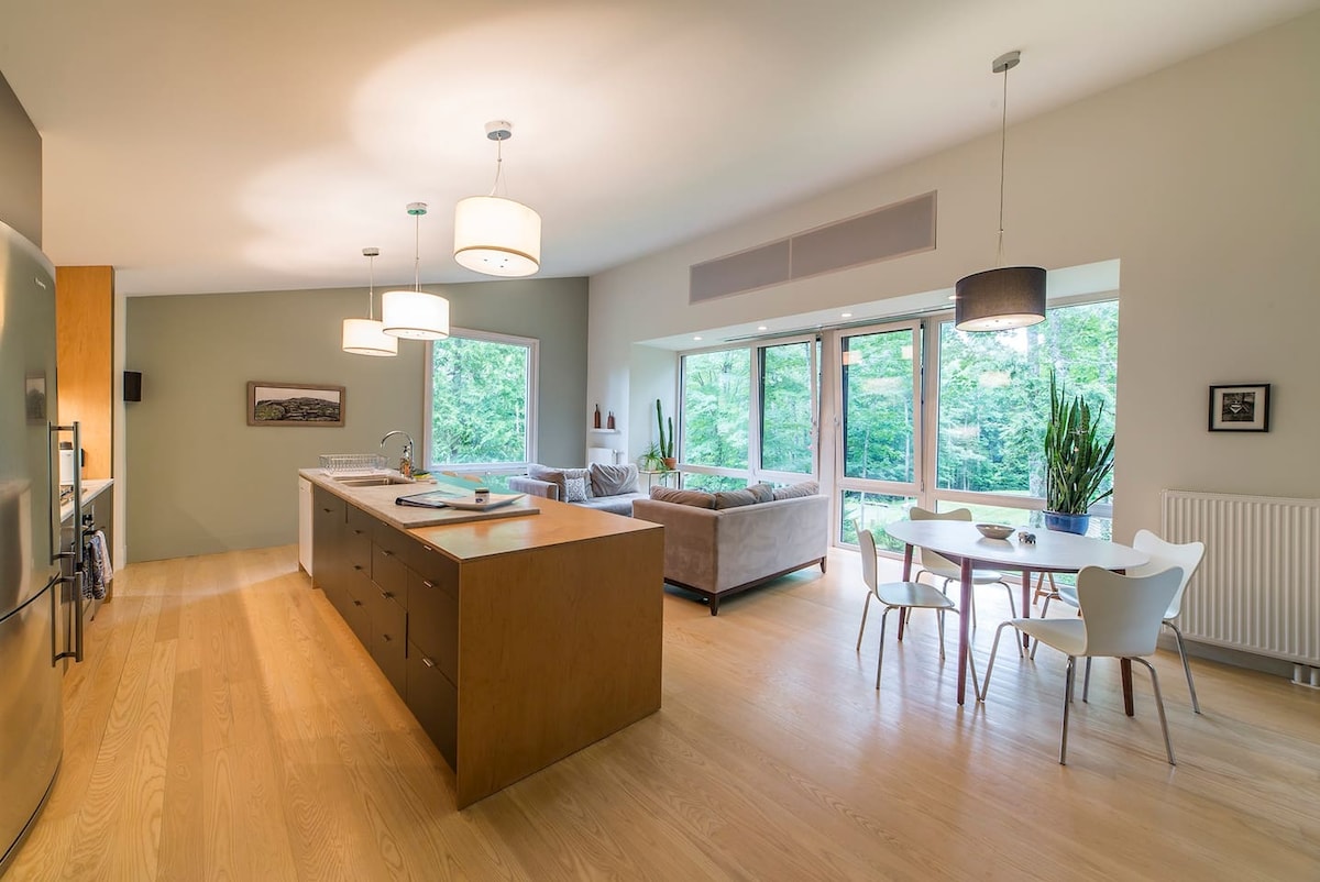 The open-plan kitchen and living area feature sleek wooden cabinetry and luxury appliances. Bright natural light filters through large windows that frame the peaceful outdoor surroundings. A dining table accommodates four, while the cozy seating area invites relaxation amidst the modern furnishings.