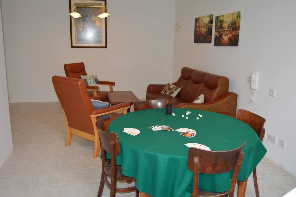 Downstairs chill area with card table